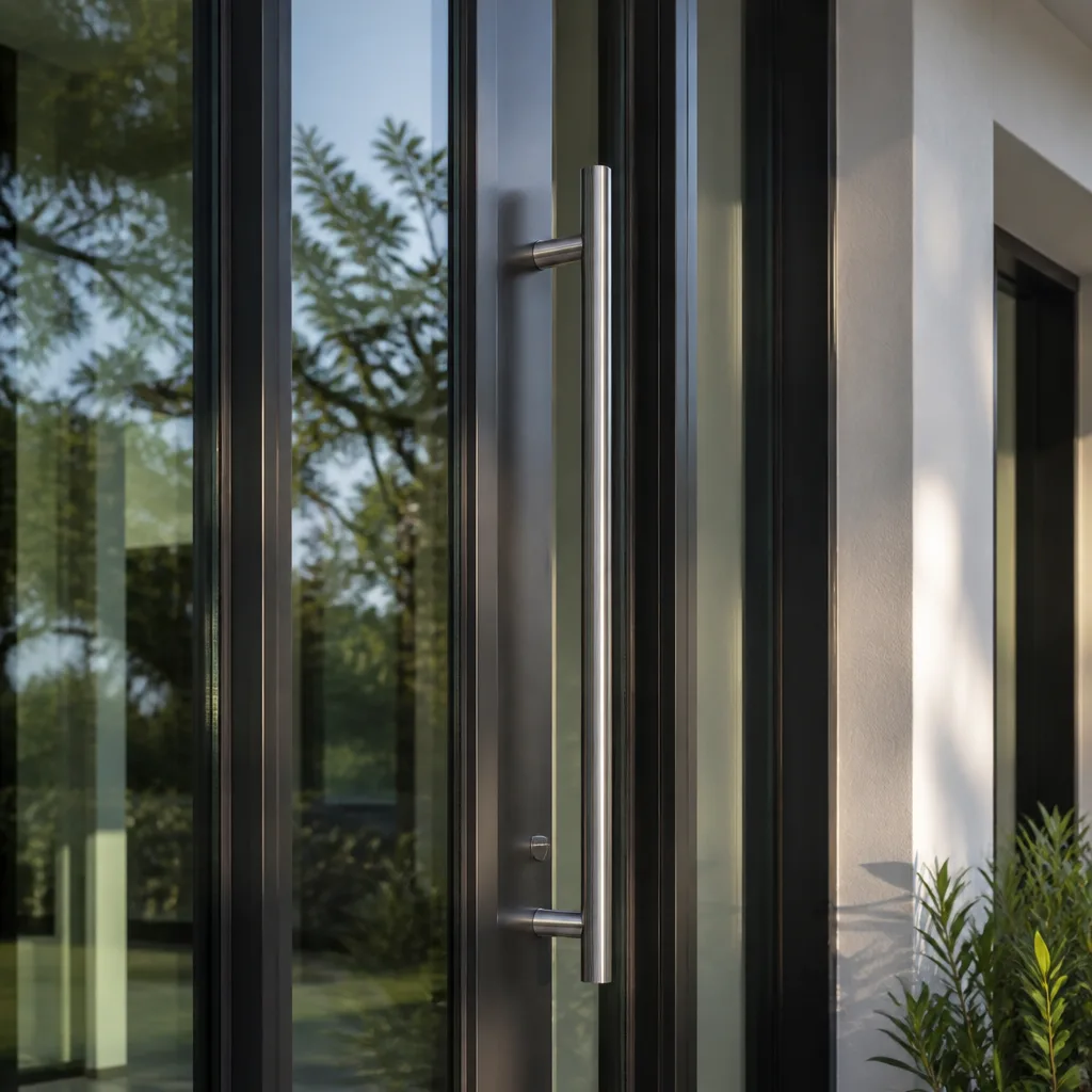 Modern glass door with sleek stainless steel handle installed