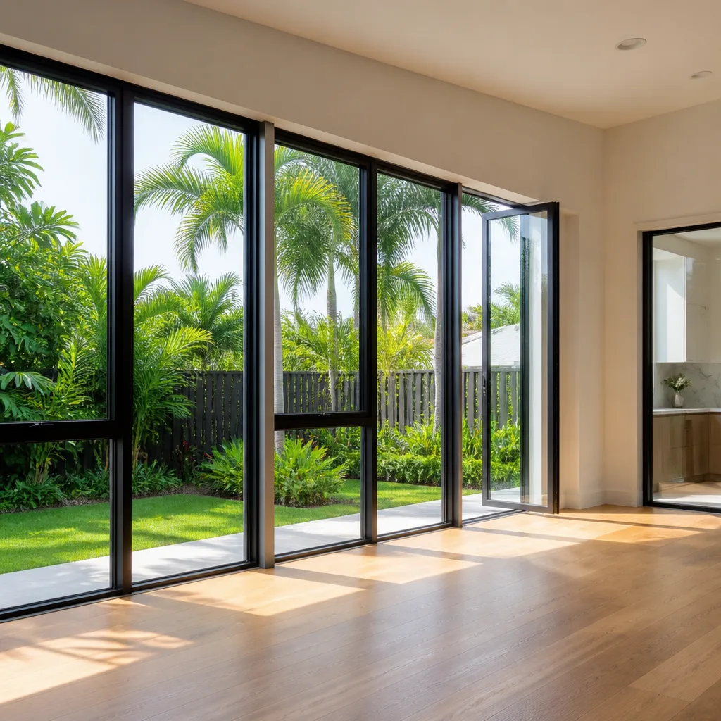Modern floor-to-ceiling glass windows and door installed in a contemporary home