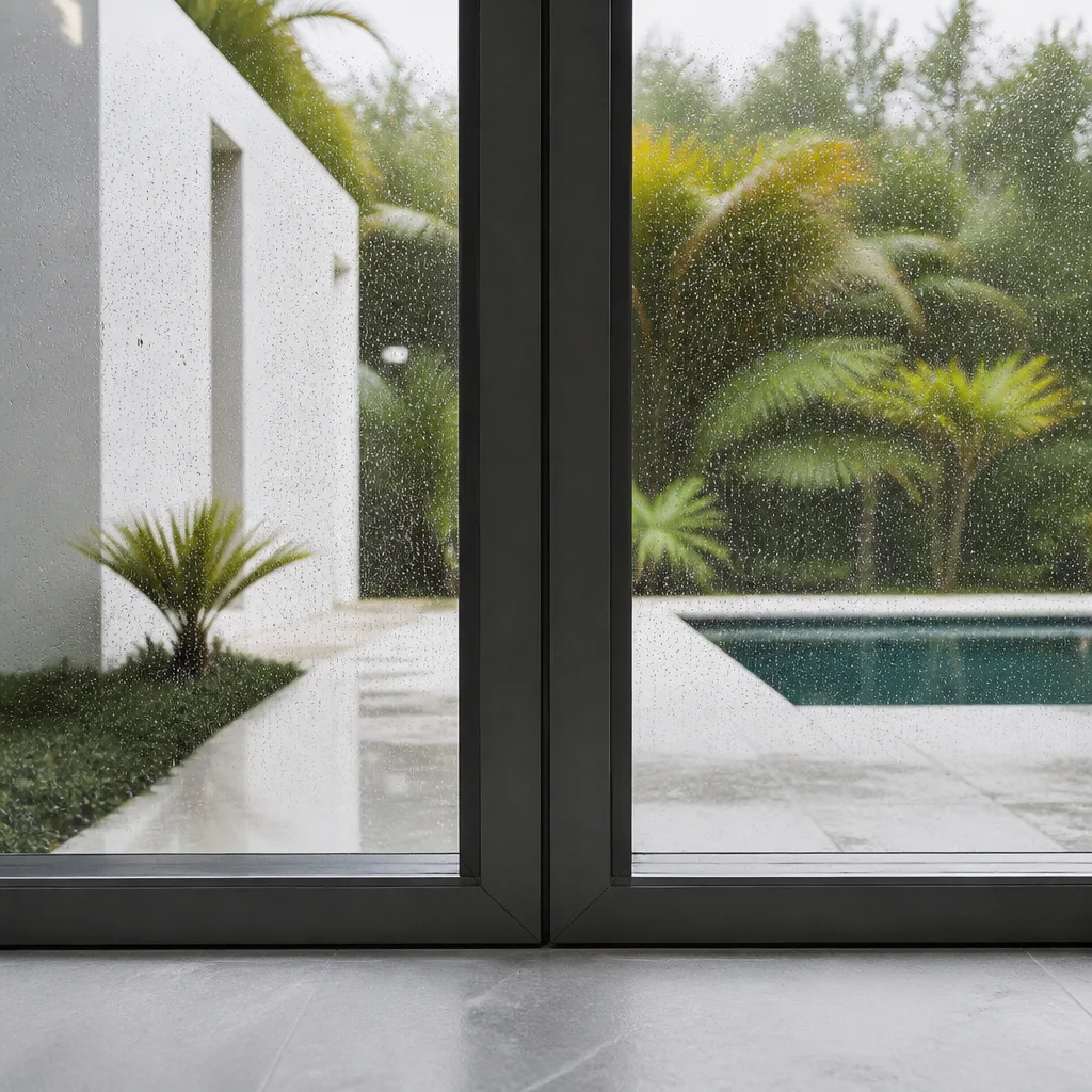 Modern glass door installation with rain-streaked view of a backyard pool