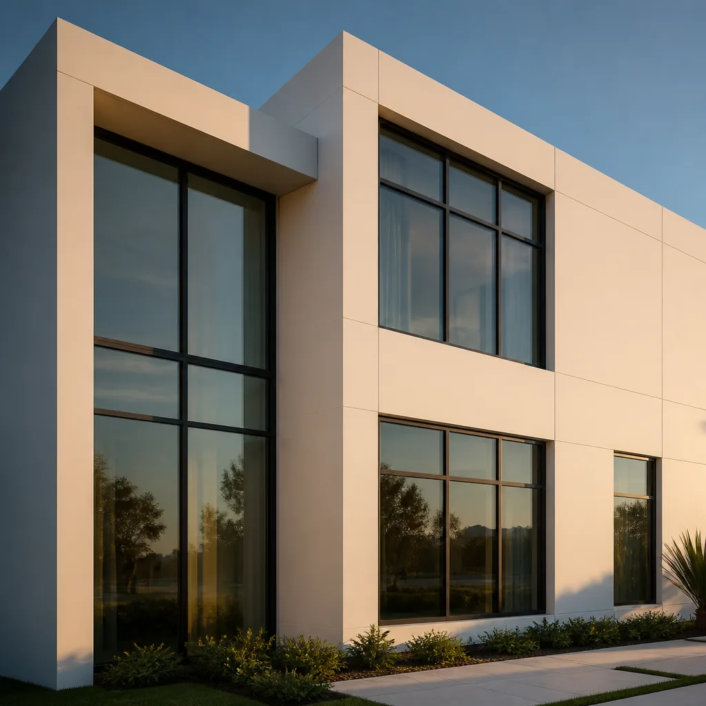 Modern building exterior featuring professional floor-to-ceiling window installation.